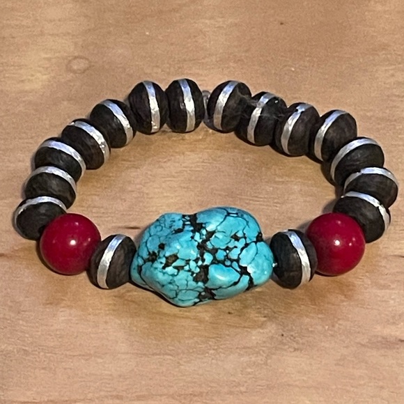 Turquoise, Coral and African Wood Bead Bracelet - Picture 3 of 6